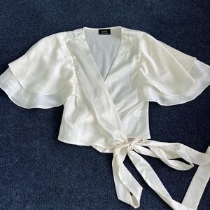 VICI Blouse Womens XS White Satin Wrap Tie Front Flutter Sleeve Cropped Top